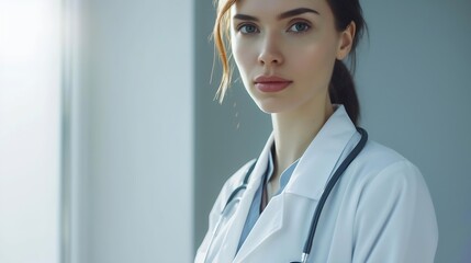 Generative AI : Woman doctor wear white medical uniform and stethoscope look at camera posing in private clinic