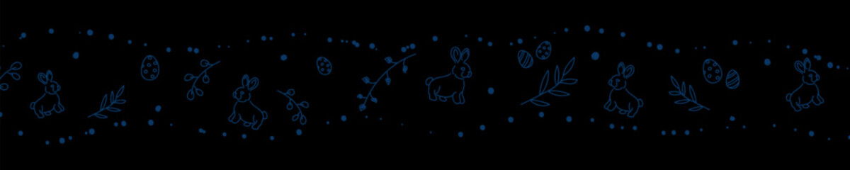 Vector. Cute hand drawn Easter horizontal background with bunnies, easter eggs. Festive background with Easter linear symbols. Copy space for text. Design cards, banners and other promotional items.