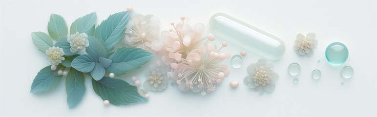 Symbolic background for bookmarks and header of herbal medicine websites. Panoramic banner with pills of supplements, flowers and and leaves of medicinal herbs. Soft ethereal light for health