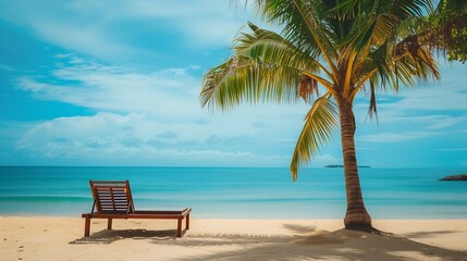 Obraz premium Generative AI : beach background with coconut tree and beach wooden bed on sand with beautiful blue sea