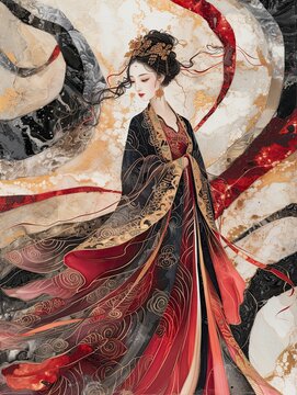 ancient Chinese princess in traditional royal dress, Hanfu, Han Dynasty, woman, female, concept art, costume design, spring, wallpaper, abstract illustration, red, gold, black, AI