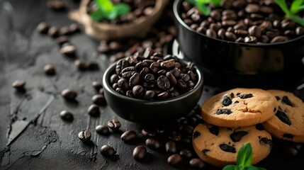 Generative AI : Black fried coffee beans in cafe with cookie and cake on dark textured background