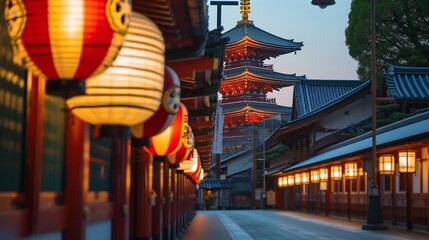 Generative AI : Sensoji Temple in morning, symbolized by large red lanterns and 5-story pagoda with light, are a popular destination. - obrazy, fototapety, plakaty
