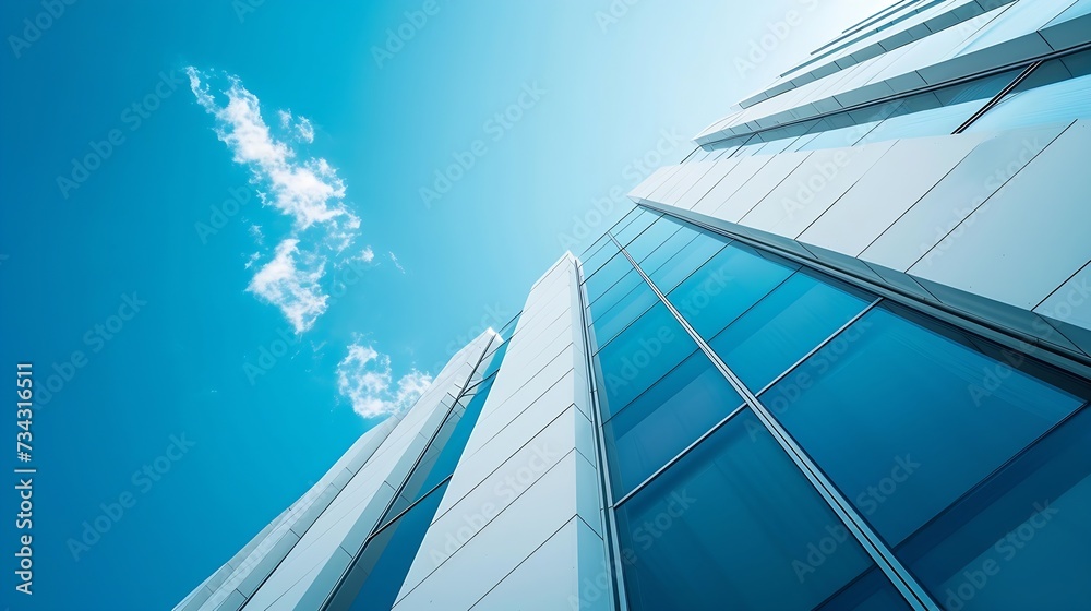 Poster generative ai : modern geometric building against blue sky in perspective side view