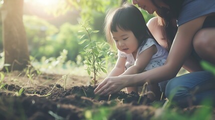 Generative AI : Asian girl and parent planting young tree on black soil together as save world concept - obrazy, fototapety, plakaty
