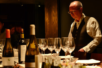 A wine sommelier hosting a wine pairing dinner, guiding guests through a culinary journey of flavors and aromas