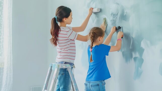 Generative AI : Children with her Mother painting the wall with paint using roller and brush
