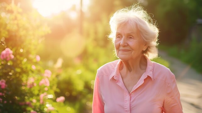 Generative AI : Photo of pretty adorable lady pensioner wear pink shirt walking smiling outdoors countryside garden