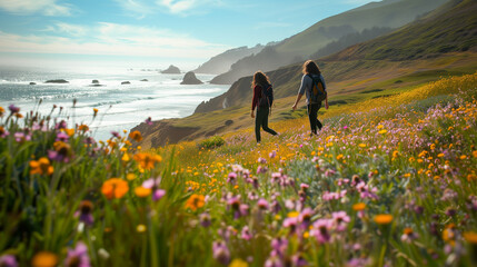 Adventurers hiking along a coastal path adorned with colorful wildflowers, soaking in the salty breeze and stunning vistas of April - obrazy, fototapety, plakaty