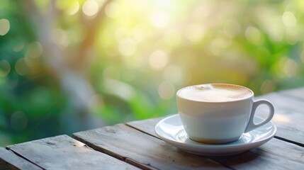 Generative AI : Espresso Coffee on wood table nature background in garden,warm tone