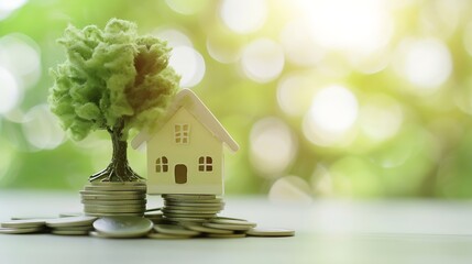 Generative AI : House paper model and tree growing on coins stack for saving to buy a house