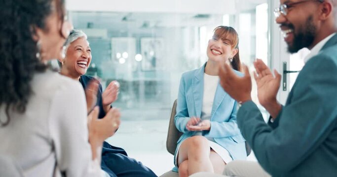 Meeting, goals and applause with business people in boardroom of office together for support. Target, bonus or promotion with employee group clapping in workplace for company or colleague achievement