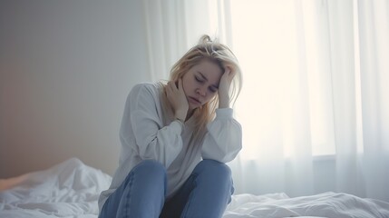 Generative AI : Young blonde woman stressed sitting on bed
