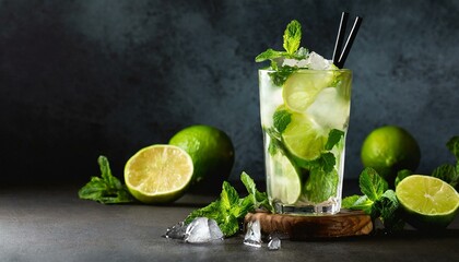 Fresh made Mojito cocktail on dark background. Summer drinks concept. Front view, panorama