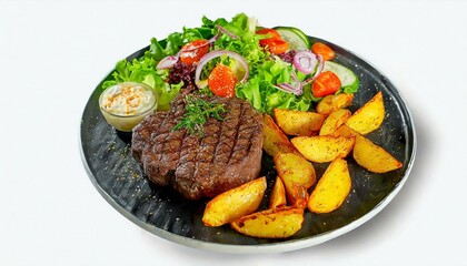 Top view of delicious grilled beef steak and rustic potatoes wedges with vegetable salad served on plate on white background