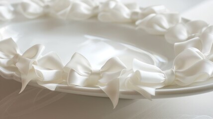 white porcelain serving dish delicately tied with multiple small satin bows,Elegant Ceramic Platter with Ribbon Detailing