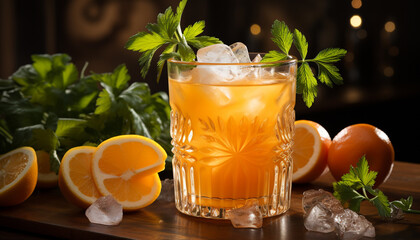 Fototapeta premium Fresh citrus fruit cocktail on wooden table, perfect for summer generated by AI
