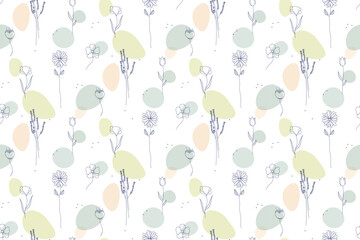 Meadow flowers seamless pattern with colored spots. Doodle outline blooming plants vector pattern