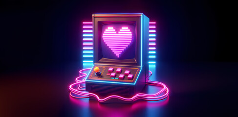 Valentines Day Retro Neon Heart Game Console, space for text Generative AI