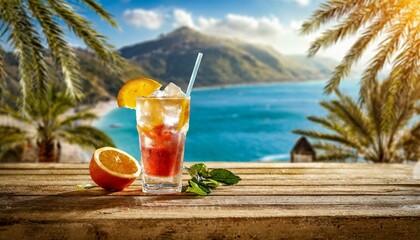 Cold summer drink on wooden table. Free space for your decoration. Ocean landscape with palms and summer sunny day. - Powered by Adobe
