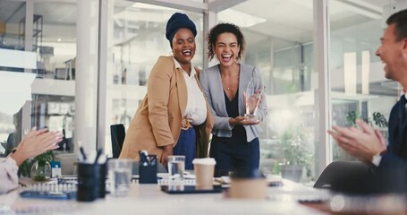 Business woman, shaking hands and applause for award, achievement or success. Clapping, handshake or reward for winning, congratulations and happy team of people celebrate promotion in office meeting