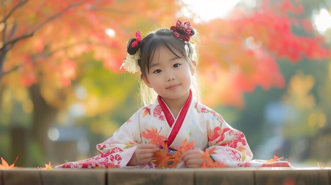 Generative AI : portrait of young asian girl traveller in traditional kimino dress holding meple leavse sit on a wooden table in autumn