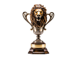 a gold trophy with a lion head