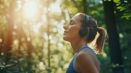 Generative AI : Calm, music and fitness person in nature for mental health, wellness and breathing, forest trees and fresh air. 