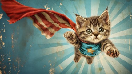 cute cat in cape flying in blue stock photo, in the style of pop art influencer, light teal and amber, superheroes,
