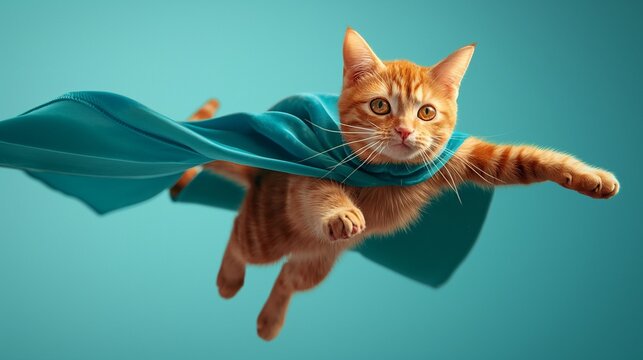 cat dressed in a blue cape flying on a blue background, in the style of light turquoise and light orange, breakdance photography, superheroes