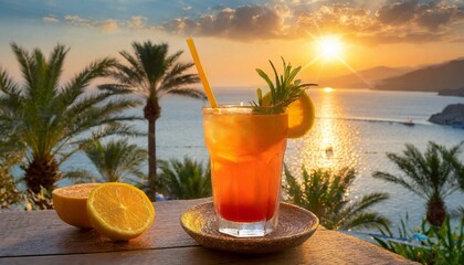 Obraz premium Summer sunrise drink and summer background of sea with palms