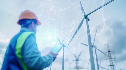 Generative AI : Renewable energy engineers wind turbine park using augmented reality hologram 