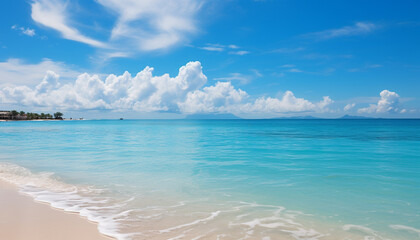 Idyllic tropical coastline, clear sky, turquoise waters, sandy beach generated by AI