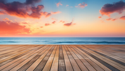 Fototapeta na wymiar Sunset over water, wood table, blue sky, tranquil scene generated by AI