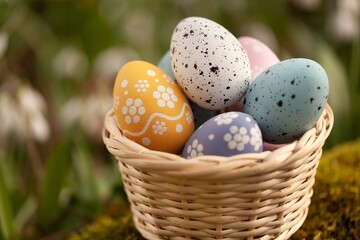 Naklejka na ściany i meble Colorful Easter Eggs in Basket on Spring Background