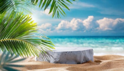 Summer sand and tropical sea background with abstract stone podium