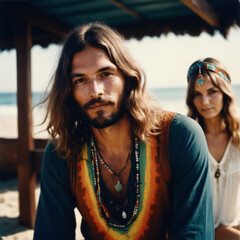 Vintage image of a couple of young hippies - obrazy, fototapety, plakaty