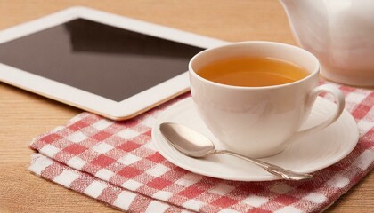 Fototapeta na wymiar Kitchen desk on napkin with cup of coffee or tea and white tablet