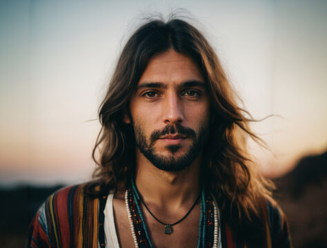 Closeup of young man with long hair and multicolored clothes, typical clothing of the hippie movement of the 60s