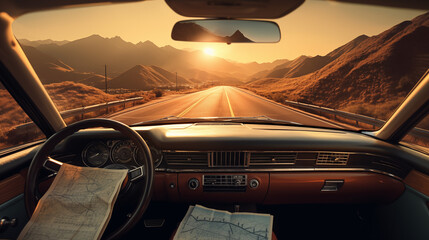 Road Trip at Sunset with Vintage Car Interior and Map