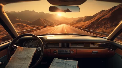 Abwaschbare Fototapete Oldtimer Road Trip at Sunset with Vintage Car Interior and Map