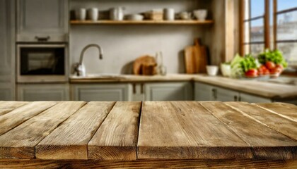 Fototapeta na wymiar Wooden desk of free space and kitchen interior