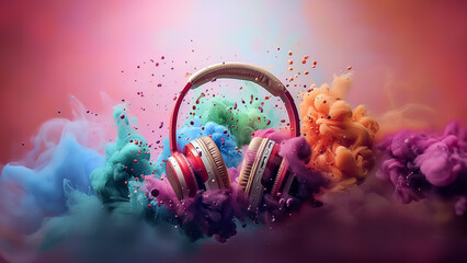 Multicolored paint-splatter headphones dynamic music blaster on colored background - obrazy, fototapety, plakaty