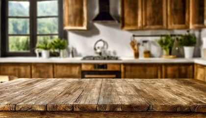 Wooden desk of free space and kitchen interior 