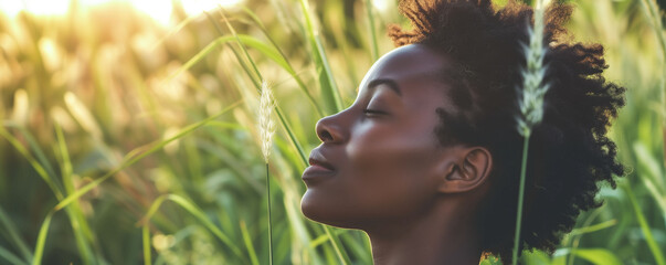Contemplative African American woman enjoys a peaceful moment in a sunlit field, the golden hour light caressing her skin - Powered by Adobe