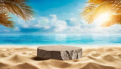 Summer sand and tropical sea background with abstract stone podium