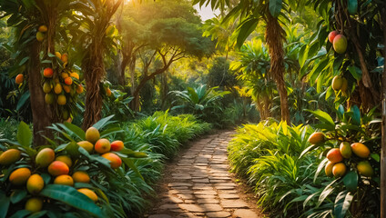 Beautiful alley with mango trees in the garden sunset