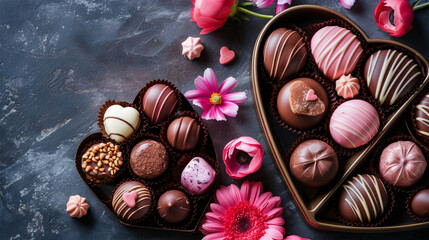 Chocolats de luxe pour la Saint-Valentin dans une boîte cadeau en forme de coeur - obrazy, fototapety, plakaty
