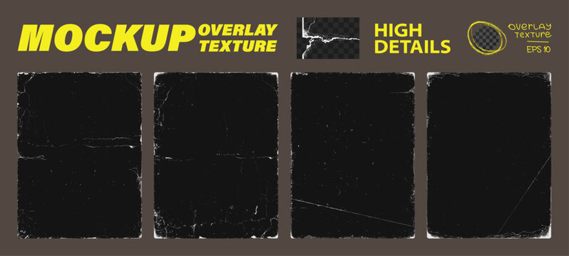Paper realistic texture overlay. The effect of worn paper with traces of antiquity, torn edges, fading, grunge, dust, grainy. Overlay texture stamps for backdrop. Stamps grain. Vector graphic set