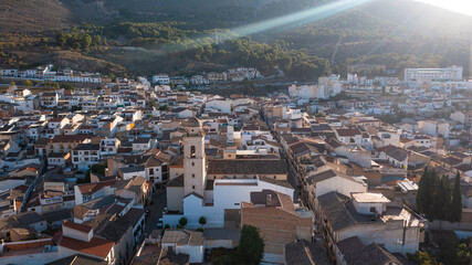 Aerial photo from drone to city of Loja and Church of the Incarnation with Moorish Alcazaba and...